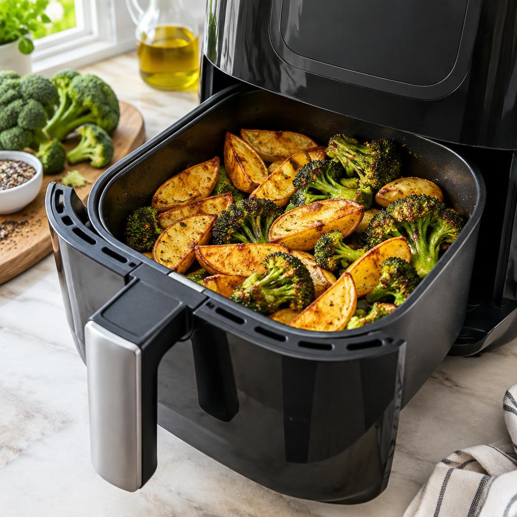 Patatas y brócoli cocinados en la cesta de una air fryer (imagen ilustrativa)