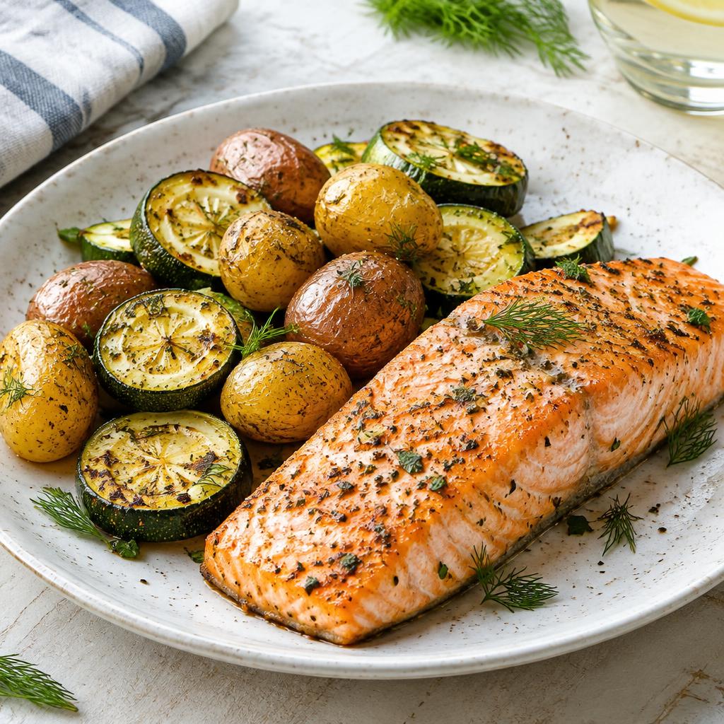 Salmón cocinado con calabacín y patatas para la cena (imagen ilustrativa)