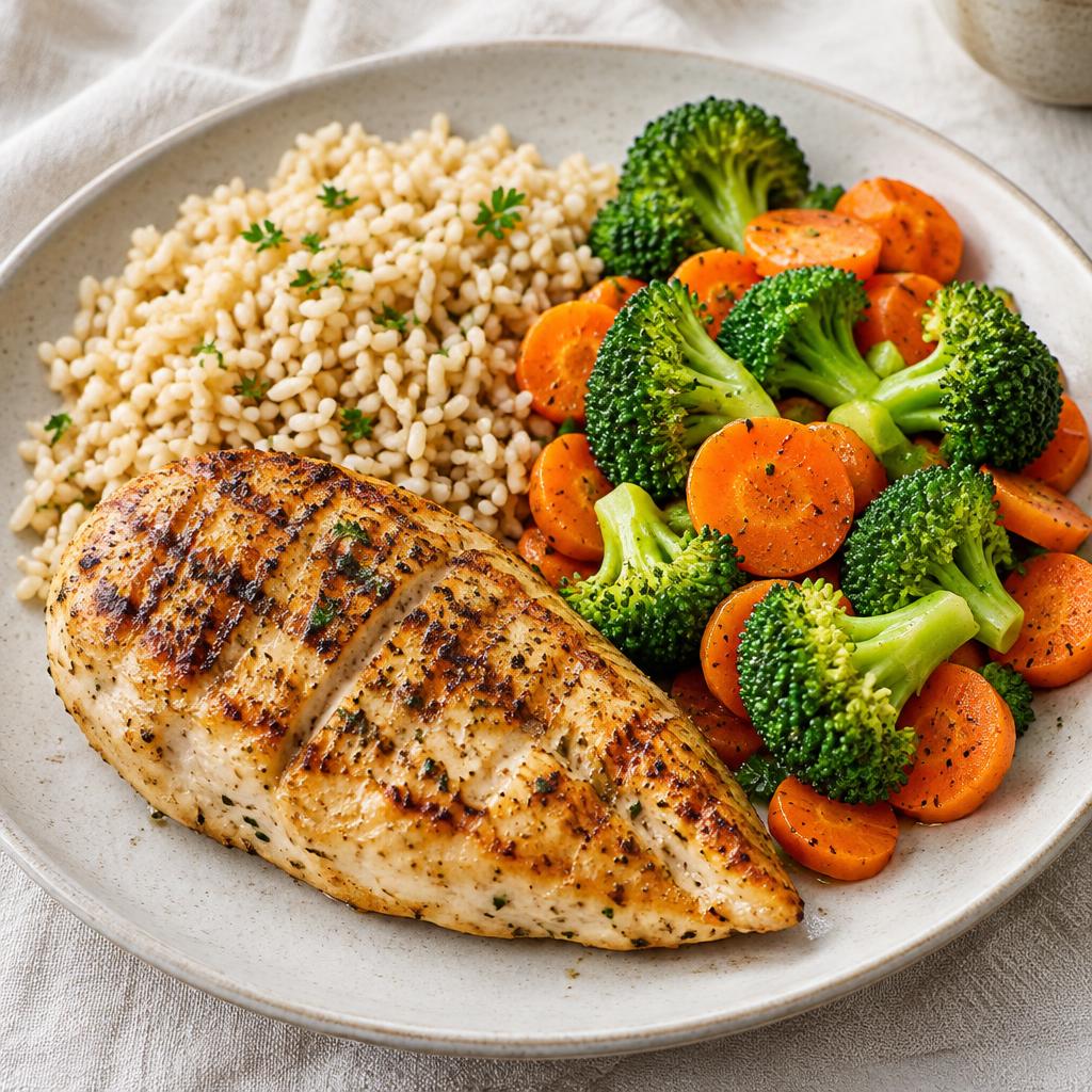Plato de pollo con arroz y verduras para la comida (imagen ilustrativa)