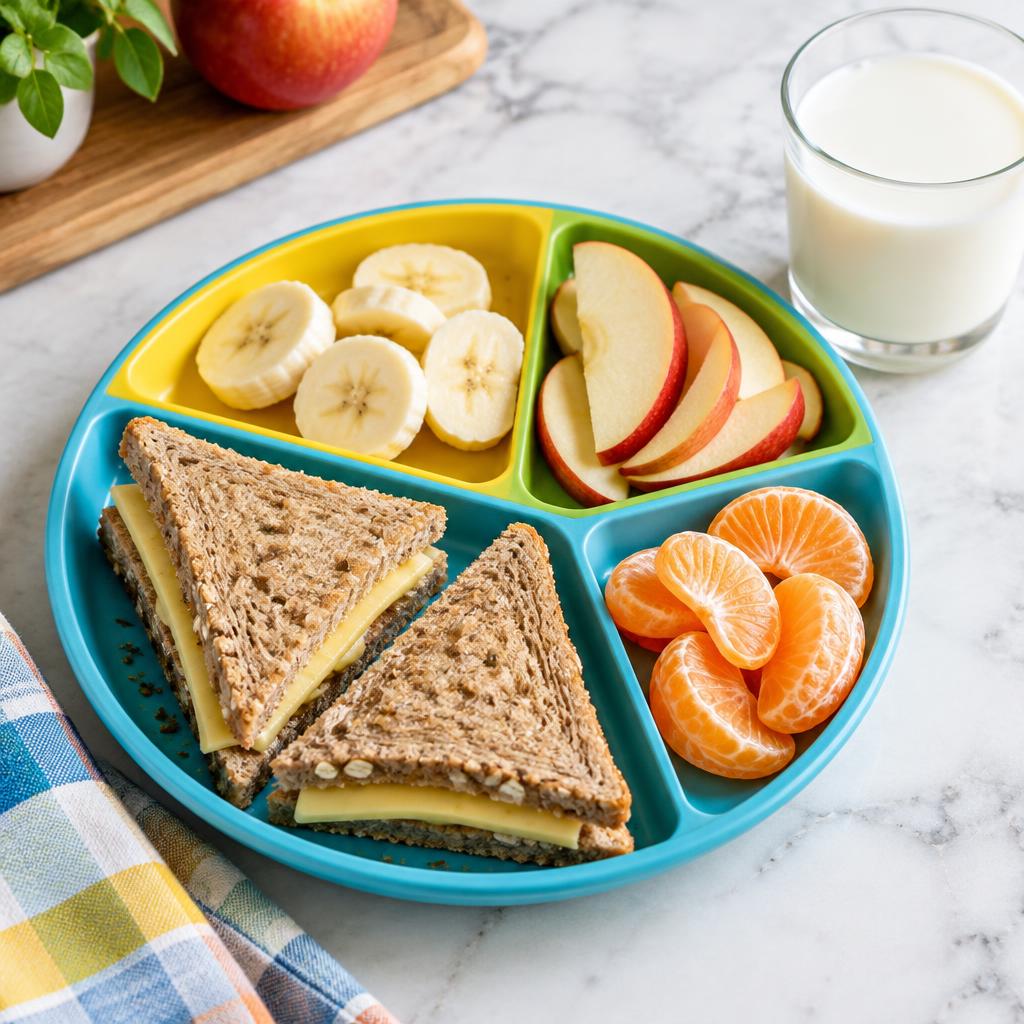 Merienda infantil con pequeños sándwiches, fruta cortada y leche (imagen ilustrativa)