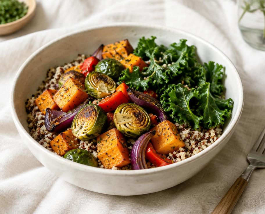 Bol vegano de quinoa y verduras asadas, sin ingredientes animales (imagen ilustrativa)