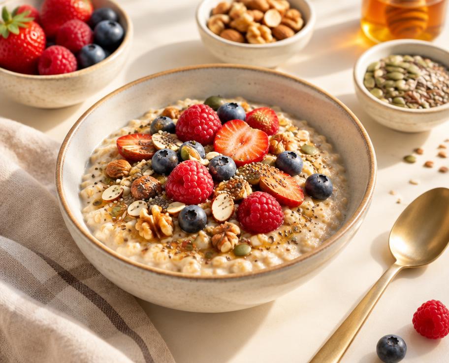Desayuno de avena con frutos rojos y semillas (imagen ilustrativa)