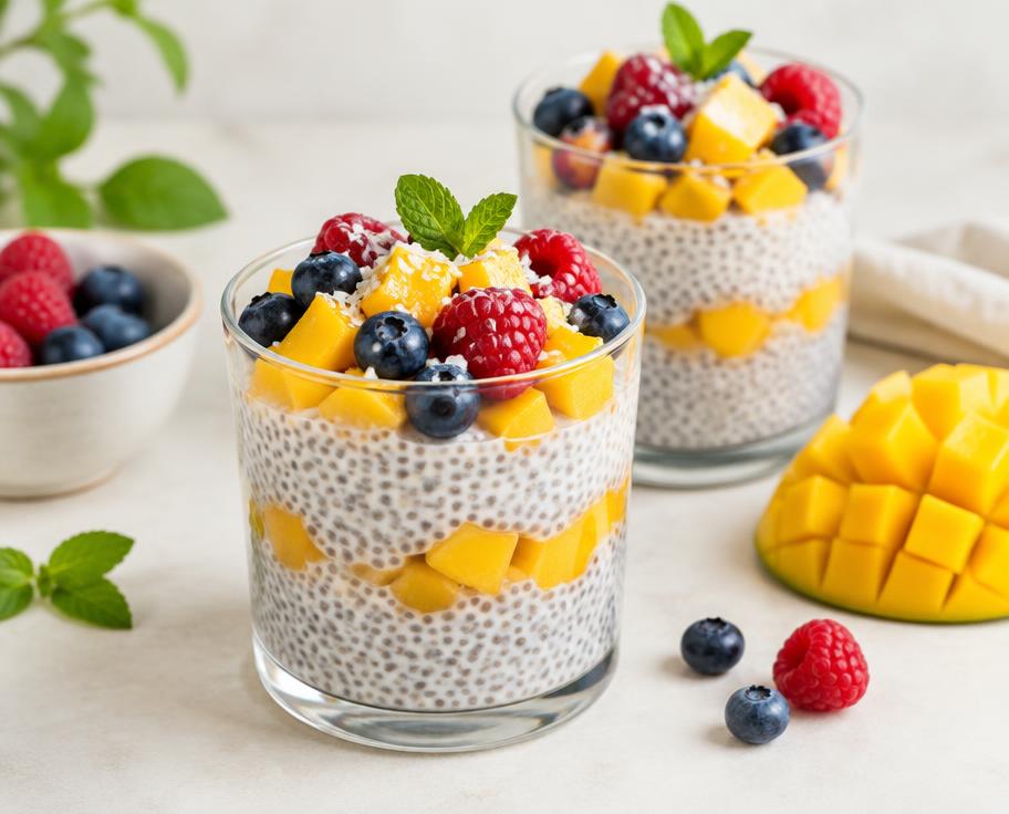 Postre de chía con mango y frutos rojos en vasos (imagen ilustrativa)