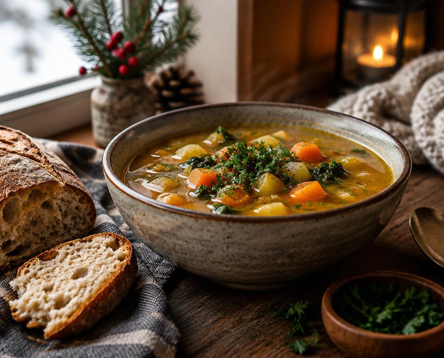 Sopa caliente de verduras en una mesa de invierno (imagen ilustrativa)