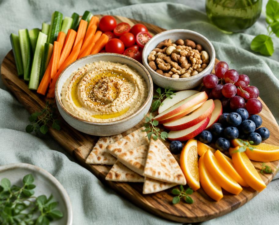 Tabla de snacks con hummus, verduras y frutas (imagen ilustrativa)