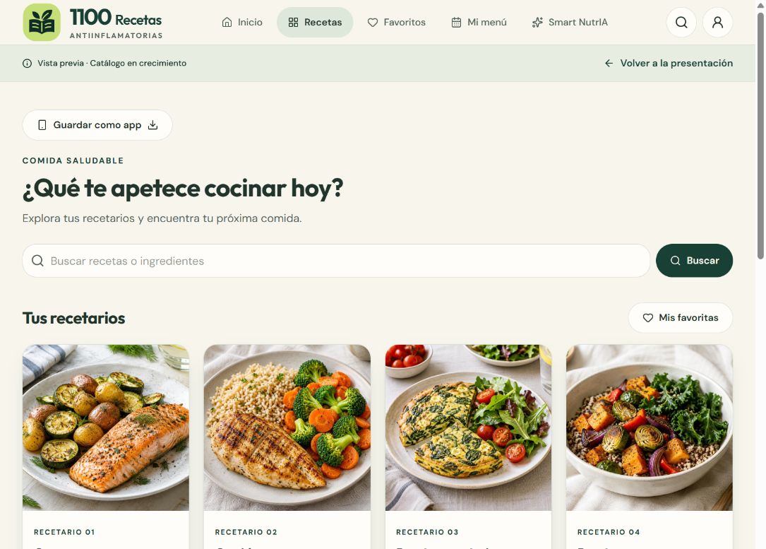Captura real del catálogo con categorías, fotografías y buscador de recetas