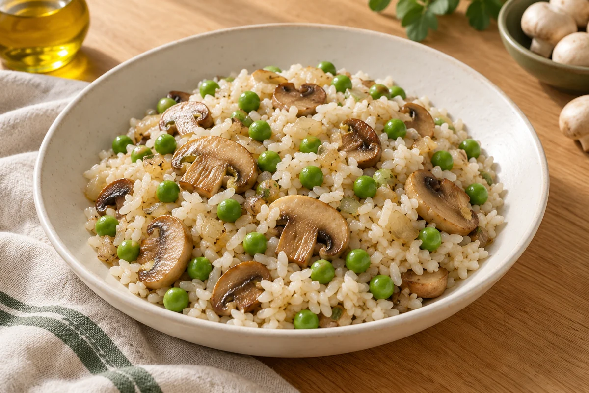 Arroz blanco con láminas de champiñones y guisantes (imagen ilustrativa)