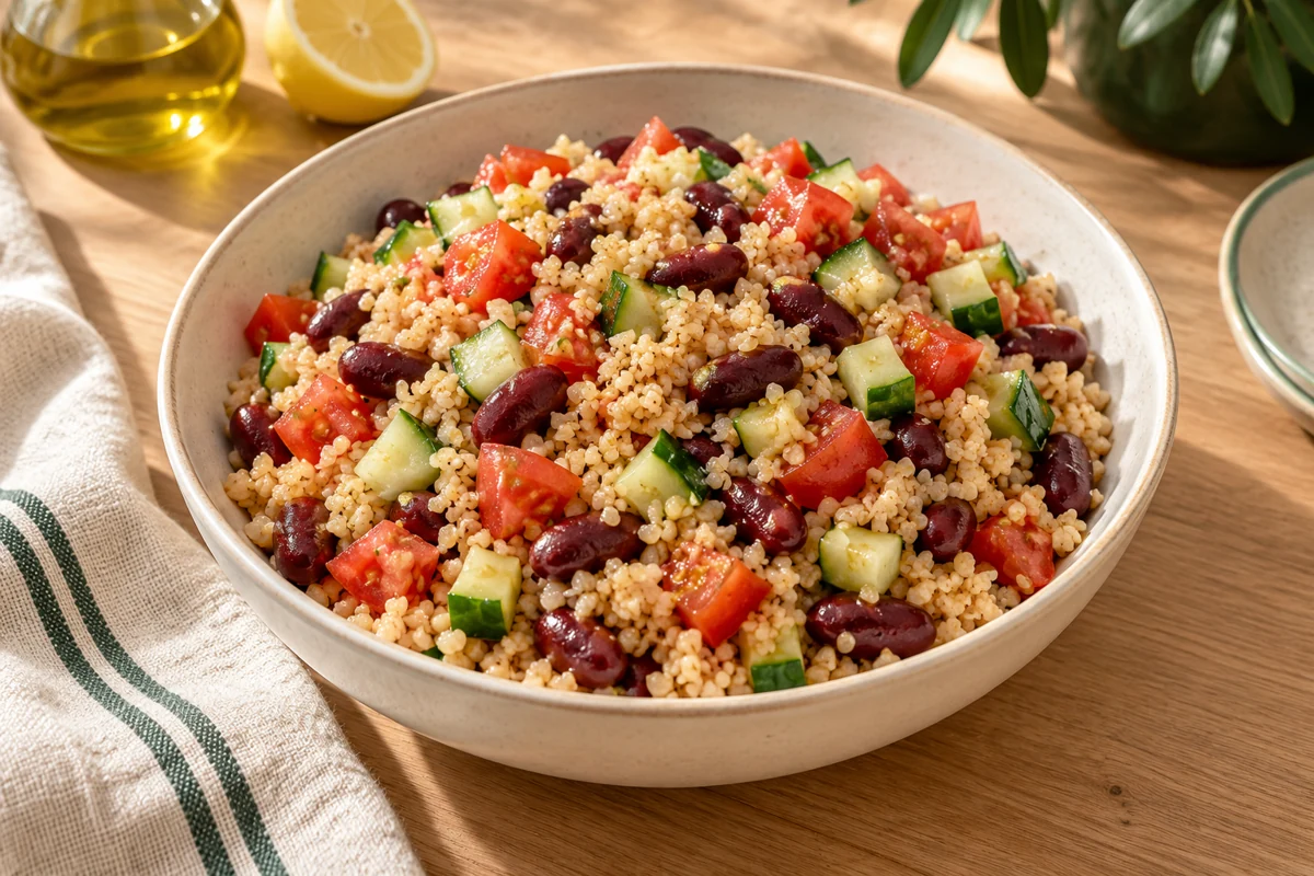 Bulgur con alubias rojas, pepino y tomate en dados (imagen ilustrativa)